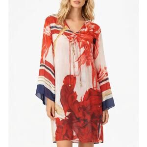 Roberto Cavalli Rose Print Silk Kaftan Tunic Dress Red Floral IT Size 46